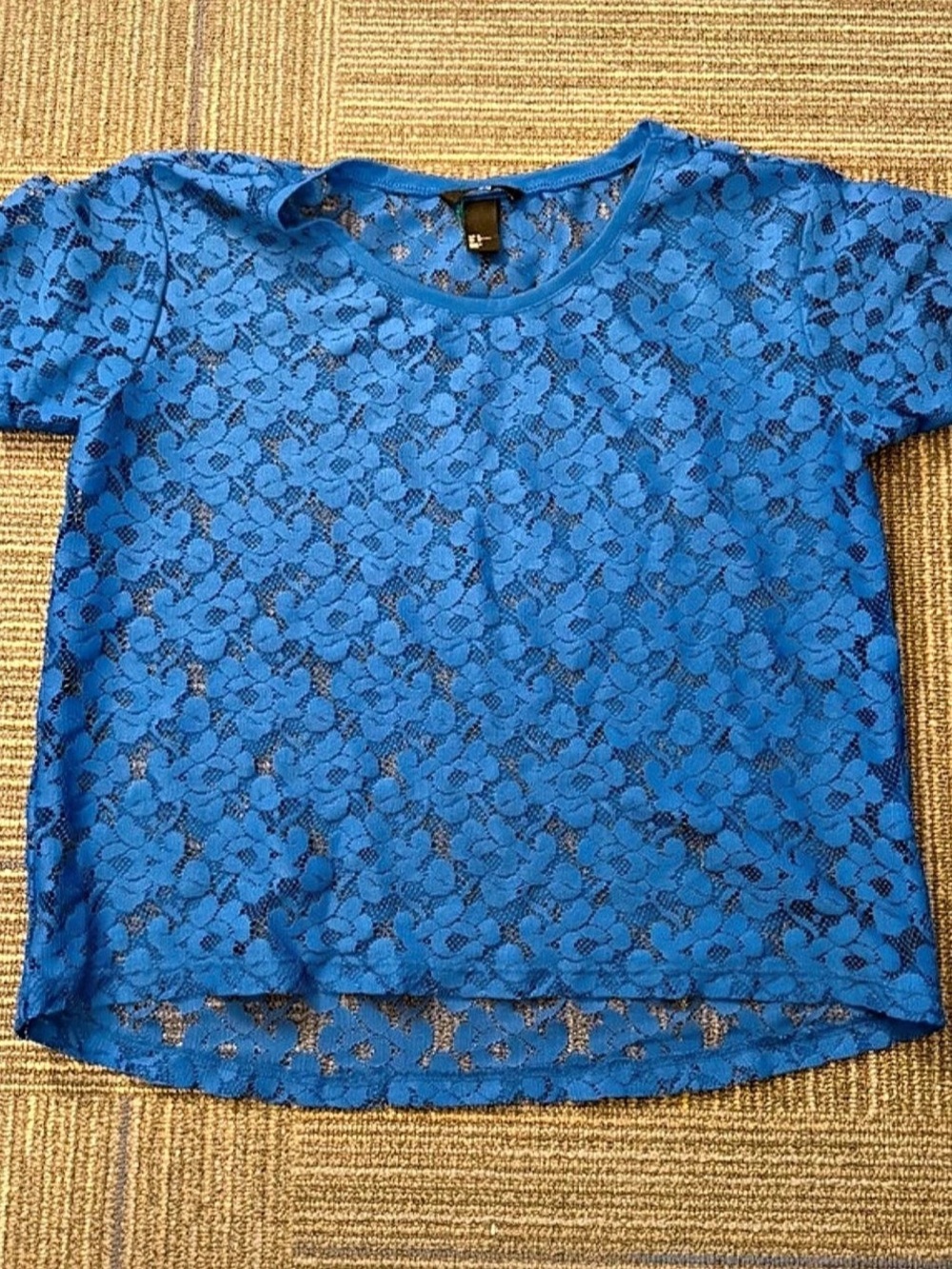 H&Medium Royal Blue Floral Lace Short Sleeve Top Blue & Black Medium